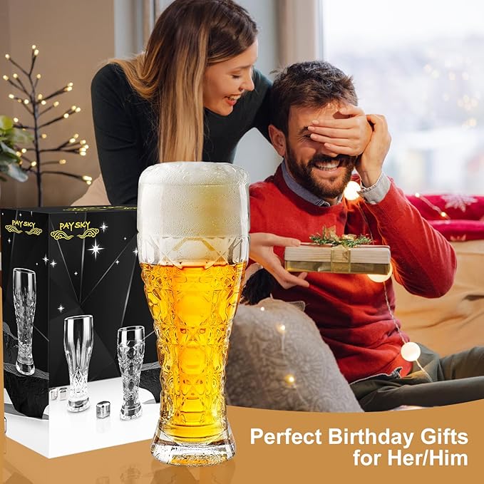 Beer Glasses Set of 2,17 oz Glasses Drinking Set, Craft Beer Glasses for Freezer Supply Aroma Retention, Tall Beer Cups, Mugs and Glassware Gifts for Men