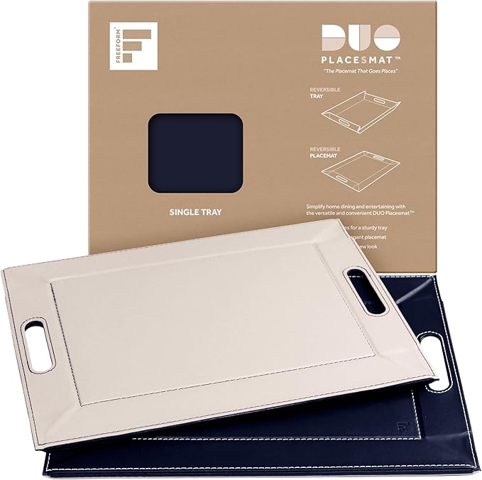 PLACEsMAT 2-in-1 Faux Leather Placemat & Serving Tray | Reversible Design, Lays Flat & Easy to Clean | Ottoman Food Tray, Perfect Housewarming Gift, 18” x 14” (Navy Blue & Ivory, Single)