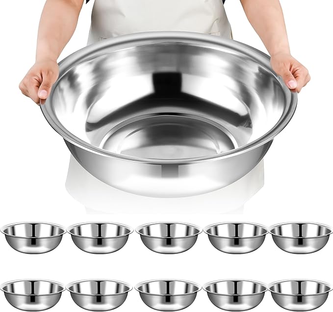 10 Pcs Stainless Steel Mixing Bowls Metal Mixing Bowls Extra Large Basin Salad Bowl with Deeper Edge, Dishwasher Safe, Mirror Finish for Home and Commercial, Silver (14 Inch 8 Qt)