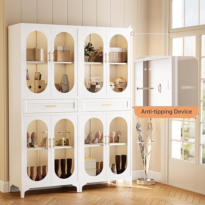 75" Tall Kitchen Pantry Cabinet,Metal Storage Cabinets with 4 Glass Doors and 1 Drawer,Freestanding Display Cupboard for Dining Room,Living Room,Hallway,Bathroom,White