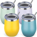 12oz/4 Pack Stainless Steel Wine Tumbler with Lid and Straw, Double Wall Vacuum Insulated Wine Tumbler Glasses, Stemless Travel Mugs for Hot and Cold Drinks, Coffee, Wine, Cocktails