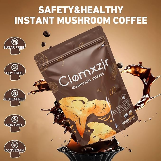 Mushroom Coffee, Instant Organic Mushroom Coffee with Cordyceps, Reish, Turkey Tail, Lions Mane for Energy, King Trumpet, Shitake, Focus,Positive Mood & Immune Support (30 Servings)