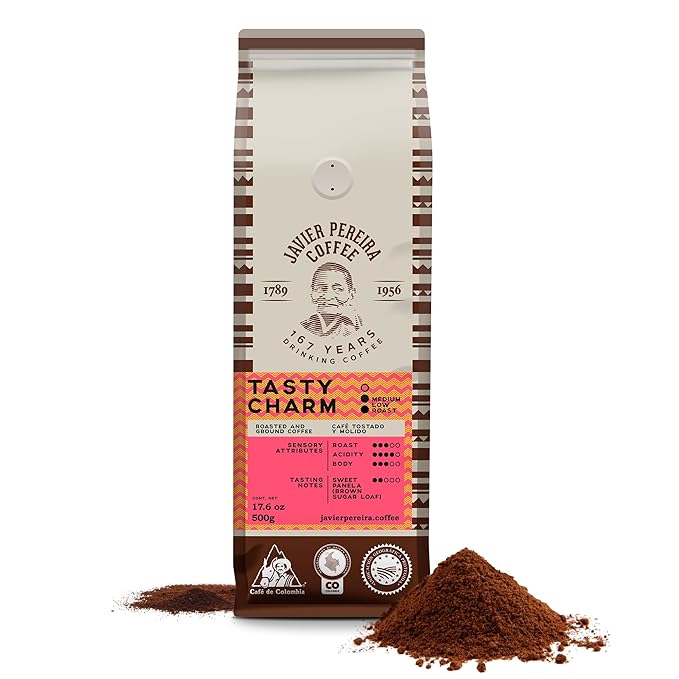 Javier Pereira Coffee - Tasty Charm Colombian Specialty Coffee – Medium Roast Ground – 100% Arabica – Certified Café de Colombia – panela notes - 17.6 Oz