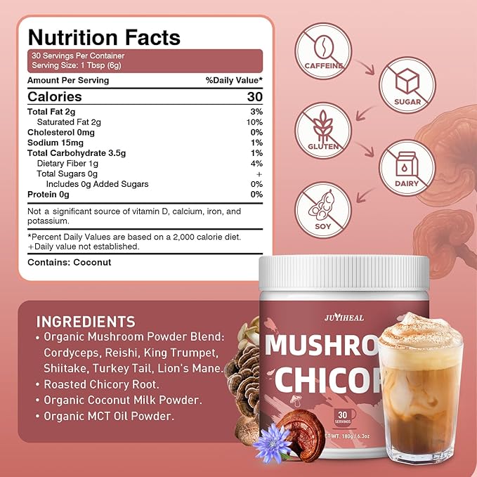 JUYIHEAL Mushroom Coffee, 10 in1 Mushroom Powder Coffee with Lions Mane, Chaga, Reishi, Cordyceps, Maitake, Shiitake, and Turkey Tail for Energy, Focus, Immune Support, 72g