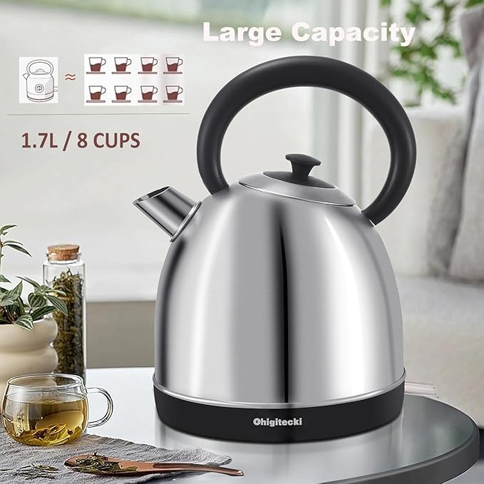 1.7L Electric Kettle, Cute Water Boiler with Thermometer & Auto Shut-Off, 1200W Fast Boiling Kettle for Home Kitchen Office, BPA-Free, Boil-Dry Protection (Stainless Steel Sanding)