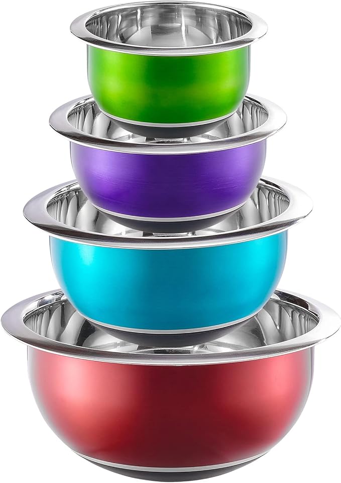 Colorful Mixing Bowl- 4 Pc Set- Stackable Nesting Bowls- Stainless Steel Mixing Bowls Non Slip Silicone Bottom- Cookware Set