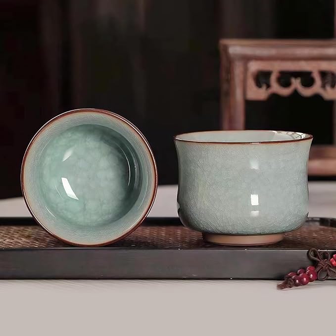 KAMMAK Tea Cup Set of 2 Porcelain Small Tea Cups 3.2oz Japanese Tea Cup Set, Asian Ceramic Teacups for Home, Party, Office, Chinese Kung Fu Tea Set for Hot/Cold Drink (Waist- Ice Crackle Glaze)