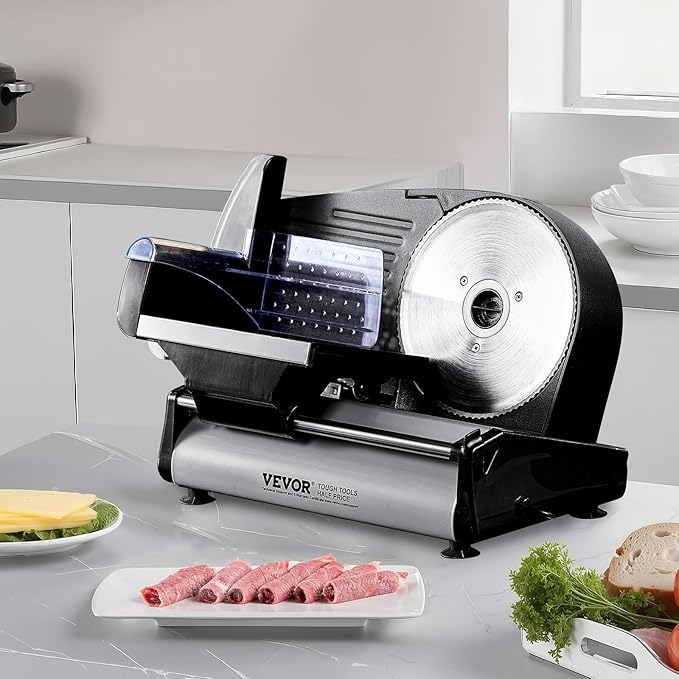 VEVOR Meat Slicer, 7.5 inch Electric Deli Food Slicer, 180W Meat Cutter with two Premium SUS420 Blades, 0-0.6 inch Adjustable Thickness, ETL Certified Food Slicer Machine for Home Use