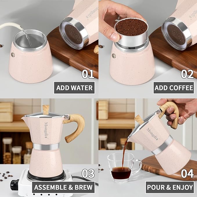 Mongdio Stovetop Espresso Maker Moka Pot, Cuban Coffee Maker Stove top coffee maker Moka Italian Espresso Greca Coffee Maker Brewer Percolator, 9 Espresso Cups, 15 oz - Pink
