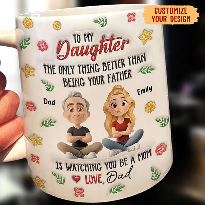 Wrappiness Daughter Mothers Day Personalized Gifts from Dad - To My Daughter Mug Custom Chibi Art and Name, Happy First Mothers Day Coffee Cup for Her - Watching You Be A Mom Gifts for New Mama
