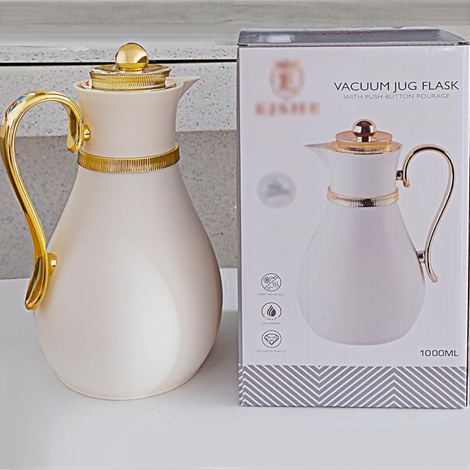 Insulated Thermal Coffee Carafe, 33 oz, Arabic-Style Coffee Pot,Insulated Carafe Flask for Coffee Hot Cold Drink Tea,Housewarming Ornaments (White)