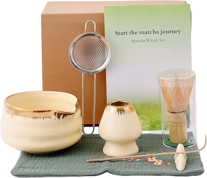 7-Piece Matcha Whisk Set – Yellow Spouted Ceramic Bowl with Golden Texture + Bamboo Whisk, Ceremonial Matcha Kit for Breakfast/Latte, Starter Tea Tools for Matcha Lovers