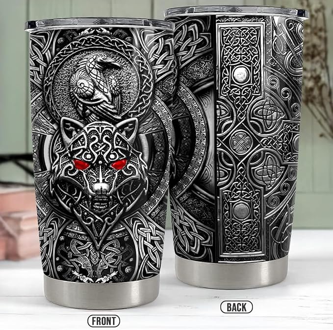 SANDJEST Wolf Tumbler Raven Viking 20oz Tumblers with Lid Gift for Men Dad Son Father Husband Christmas Birthday