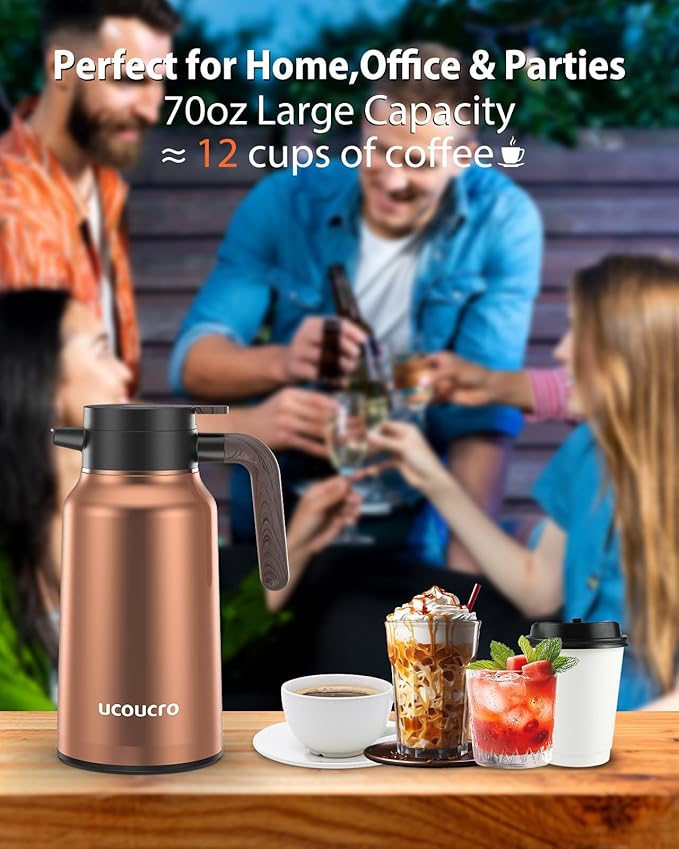 70 oz / 2L Thermal Coffee Carafe Stainless Steel - Insulated Coffee Dispenser for Hot & Cold Liquids - Perfect for Coffee, Tea, Water, Parties, Office & Home Use