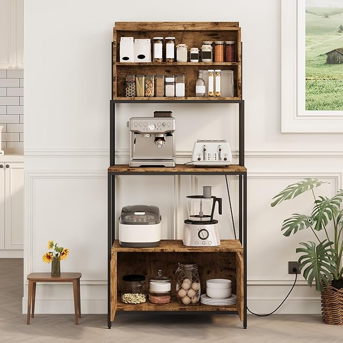 5-Tier Bakers Rack with Power Outlet, 67.7'' Freestanding Microwave Stand, Kitchen Storage Rack with Open Shelves & Cabinet, Industrial Coffee Bar for Pots, Pans & Spices, Rustic Brown