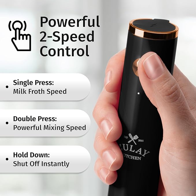 Zulay Kitchen Lux Electric Milk Frother Rechargeable Handheld - Powerful 2-Speed Motor, Waterproof, 2000mAh Battery - Drink Mixer for Latte, Cappuccino, Matcha & Protein Powder - Jet Black Copper