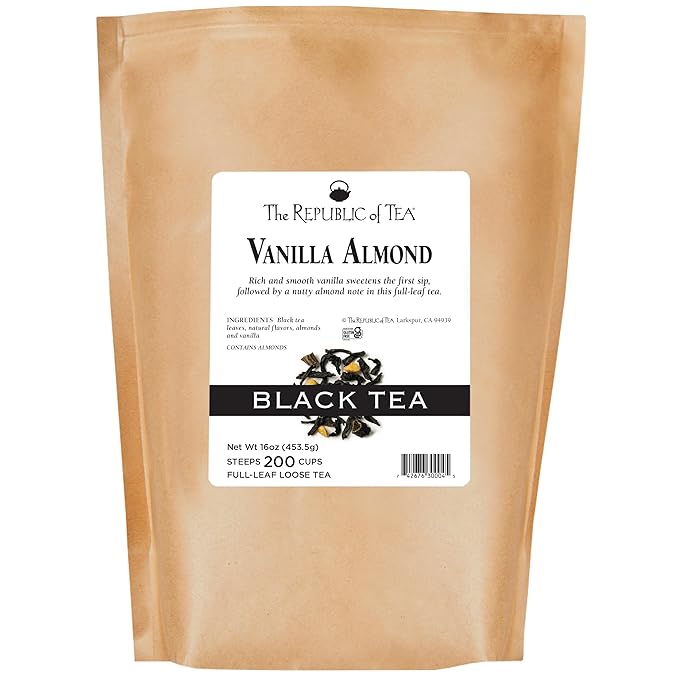 The Republic of Tea Vanilla Almond Full-Leaf Loose Black Tea 1 lb Bag| Steeps 200 Cups | Caffeinated