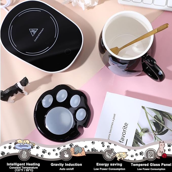 Honeydak Coffee Mug Warmer Cute Cat Mug Set Cup Warmer for Desk for Women Heated Coffee Warmer for Mom Home Office Christmas Birthday Gifts(Black)