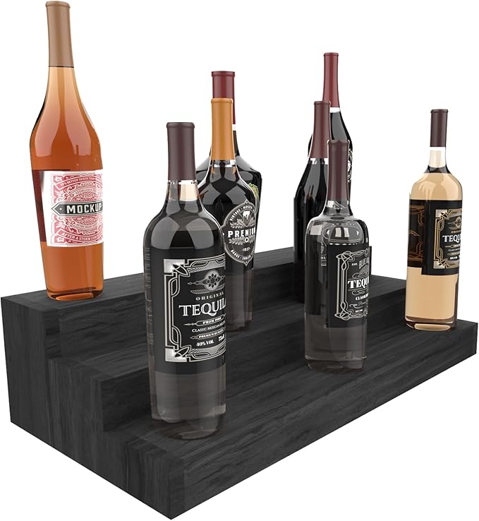 TONGMO Liquor Bottle Stand - 24 Inch 3 Tier Liquor Bar Bottle Display Shelf, Holds 18 Bottles, Real Wood, No Installation Required (Black)