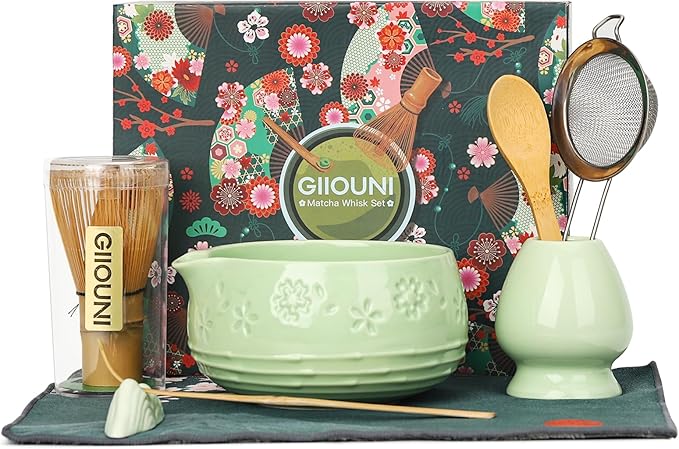 Matcha Whisk Set, Ceramic Bowl with Spout, Bamboo Matcha Whisk & Spoon, Chasen Holder, Scoop Rest, Sifter, 8-Pcs Japanese Ceremony Matcha Powder Kit–Christmas Gift for Women-Mint