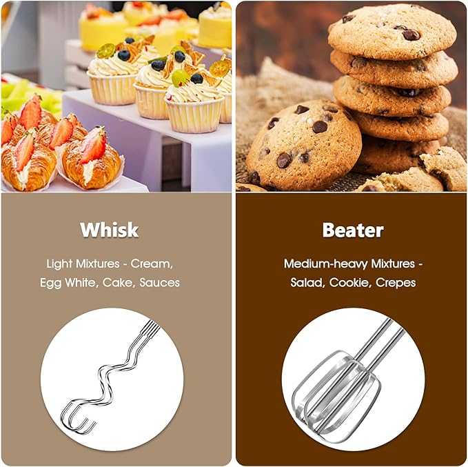 5-Speed Electric Hand Mixer with Whisk, Traditional Beaters, 120 Watts,Portable & Lightweight, Blending or Cooking, Brown
