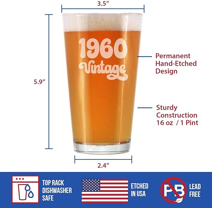 Vintage 1960 Pint Glass for Beer - 65th Birthday Gifts for Men or Women Turning 65 - Fun Bday Party Decor - 16 oz