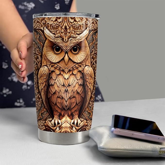 SANDJEST Owl Tumbler 20oz Stainless Steel Insulated Tumblers Coffee Travel Mug Cup Wood Drawing Style Owls Gifts for Women Men Gift for Birthday Christmas