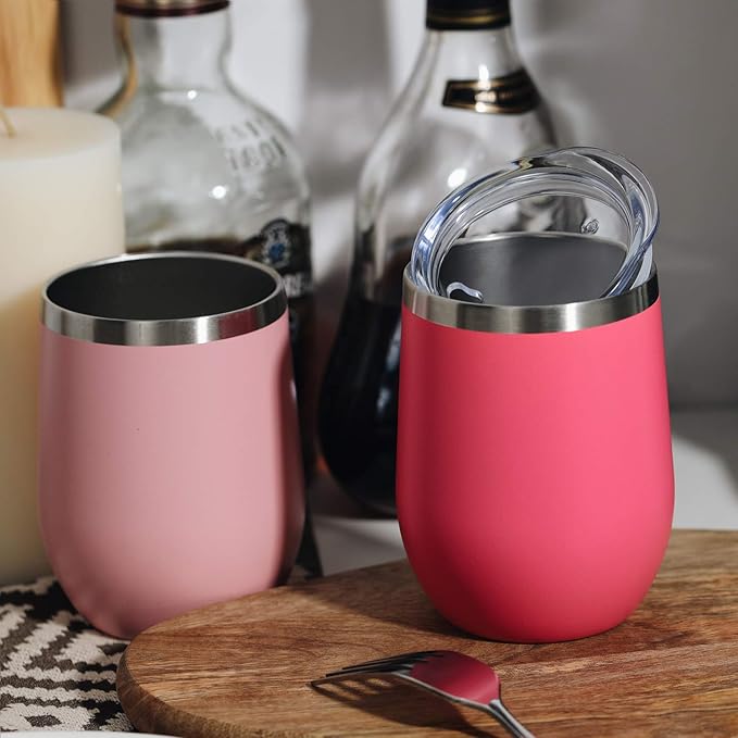 MEWAY 12 OZ/8 Pack Wine Tumbler Glasses with Lid - Stemless Double Wall Vacuum Stainless Steel Travel Tumbler - Keeping Cold & Hot for Wine,Coffee,Cocktails,Drinks-Family and Gifts (Pink,Set of 8)