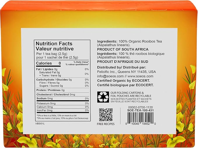 Soeos Organic Rooibos Tea, 9oz (250g), 100 Tagless Tea Bag, Naturally Caffeine Free, USDA Organic.