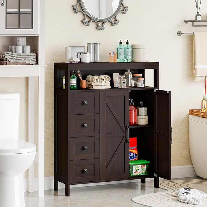 Vabches Farmhouse Storage Cabinet with 2 Doors and 4 Drawers, Freestanding Bathroom Compartment Kitchen Pantry Cabinet, Floor Cupboard for Kitchen/Living Room/Bathroom, Espresso