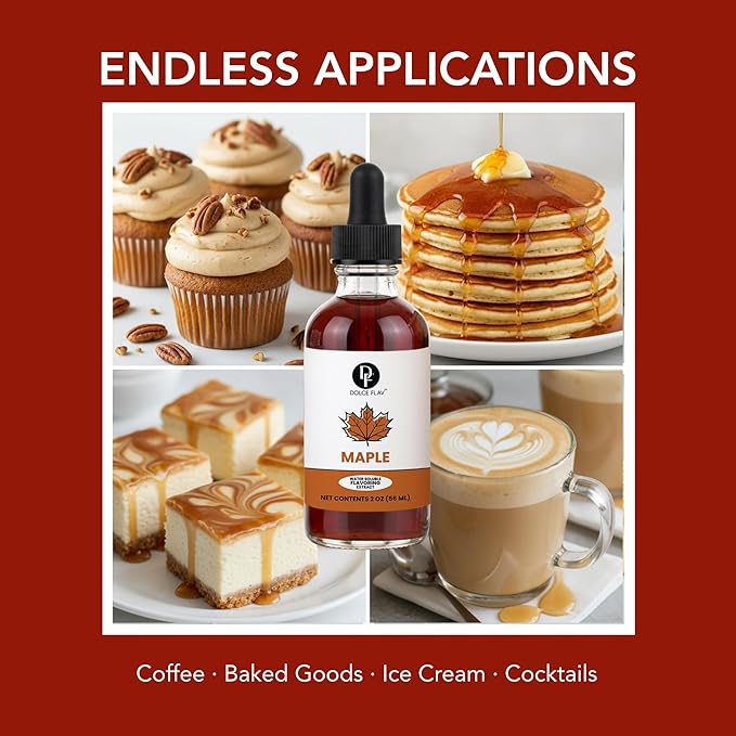 Dolce Flav Maple Extract - 2 Ounce Water-Soluble Multipurpose Flavoring Ideal for Baked Goods, Beverages, Coffee, Desserts & Ice Cream - Perfect Kitchen Gift for Holidays