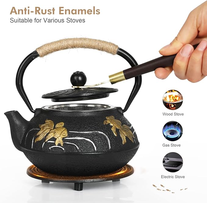 RekRang Hand-Painted Goldfish Cast Iron Teapot Set,Japanese Cast Iron Tea Kettle Set with Removeable Infuser and 4 Stainless Steel Cups,Traditional Tetsubin Tea Pot Sets for Stovetop 750ml/26oz