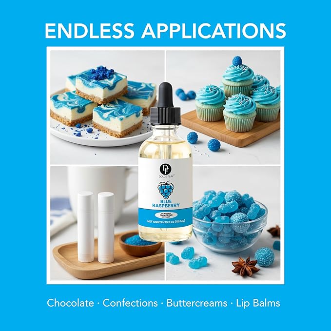 Dolce Flav Blue Raspberry Extract – 2 Ounce Oil-Soluble Kosher, Sugar-Free, Concentrated Blue Raspberry Flavoring for Baking, Chocolates & Desserts, Includes Measured Dropper