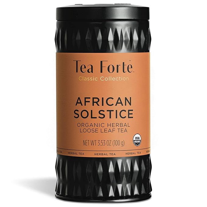 Tea Forte African Solstice Premium Loose Leaf Caffeine-Free Herbal Tea Blend Canister, Makes 35-50 Cups, Round Canister