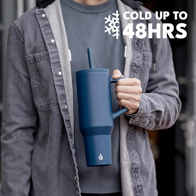 Elemental 40 oz Tumbler with Handle and Straw - Spill Proof Insulated Stainless Steel Commuter for Hot and Cold Beverages - Travel Coffee Mug with 2 Straws & Spill Proof Lid - 40oz - Navy Blue