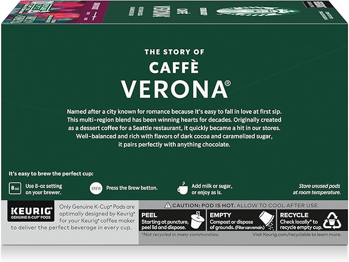 Starbucks K-Cup Coffee Pods, Dark Roast Hot or Iced Coffee, Caffè Verona, 10 Keurig Pods