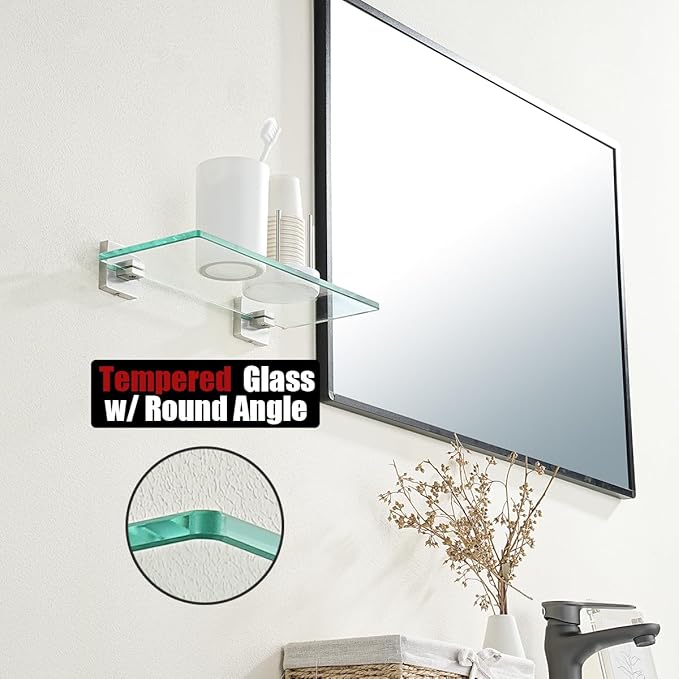 JQK Bathroom Glass Shelf, Floating Tempered Glass Shower Storage 12 by 5 inches, 304 Stainless Steel Brushed Finish Wall Mount 2 Pack, TGS201L12-BN-P2