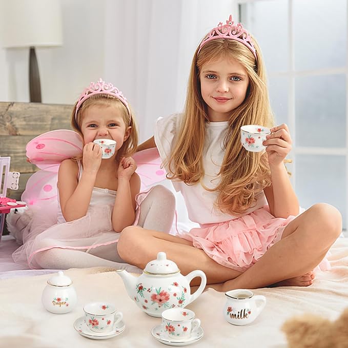 Porcelain Tea Set for Girls, Tea Party Set for Little Girls, Kids Tea Set Kitchen Pretend Play, Princess Tea Time Playset with Teapot Cups Carry Case, Toddler Girl Toys Birthday Gifts Age 3+
