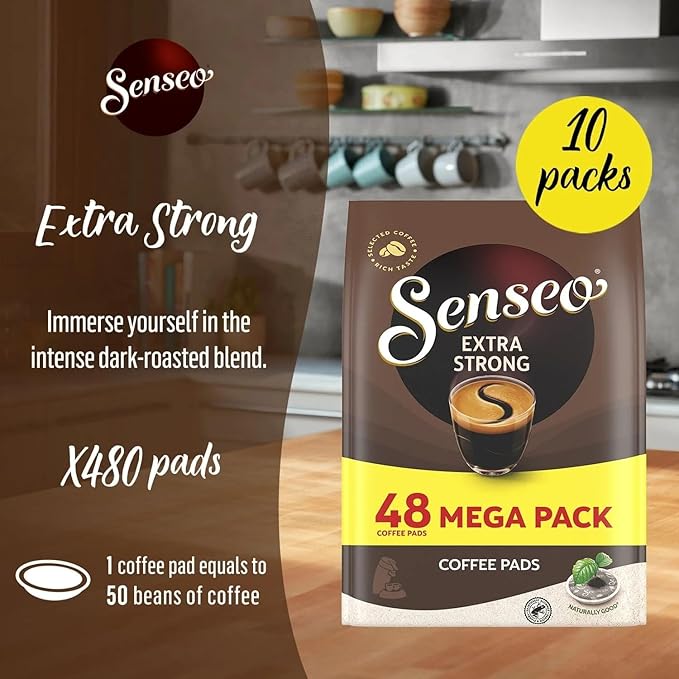 Senseo Extra Strong Dark Roast Coffee Pods, 48 Count (Pack of 10) - Single Serve Coffee Pods Bulk Pack for Senseo Coffee Machine - Compostable Coffee Pods for Hot or Iced Coffee, Cold Brew Coffee