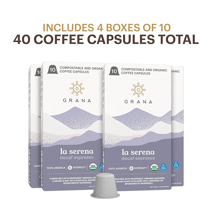 G GRANA Decaf Coffee Pods, Compatible with Nespresso OriginalLine, 40 Count, Dark Roast, Decaffeinated, USDA Organic 100% Arabica Single Source Specialty Coffee, Compostable Single Serve Capsules