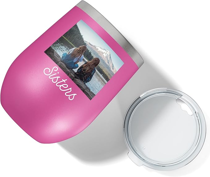 Personalized Mothers Day 12oz Photo Printed Insulated Stainless Steel Powder Coated Stemless Wine Tumbler with Lid, Customized Mum Gift Idea for Women Her, Custom Mom Coach Gifts Team (Pink)