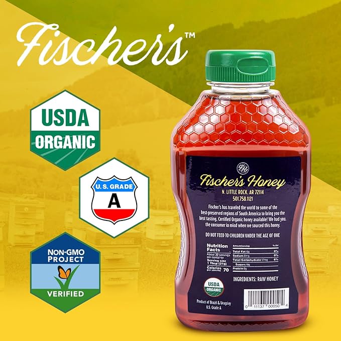 Fischer’s 100% Organic Honey, USDA Certified, 24 oz Squeeze Bottle – Pure, Unfiltered, Raw Honey – All-Natural Sweetener – Rich Flavor Profile, Natural Honey Packed with Nutrients (Pack of 2)