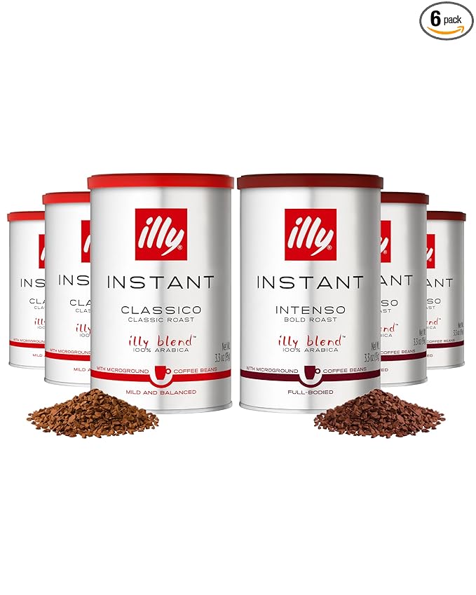 Illy Instant Coffee, Classico Medium Roast & Intenso Dark Roast – Mild & Balanced & Bold & Full-Bodied – 100% Arabica – Sealed for Freshness – 3.3oz Cans (Pack of 6)