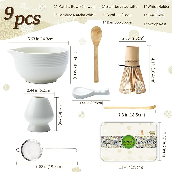 Clay&Fire Matcha Whisk Set, Ceramic Matcha Set, Matcha Bowl with Spout and Whisk,9 pcs Matcha Tea Kit for Matcha Lovers, Ideal Gift Christmas, Birthday（Beige）