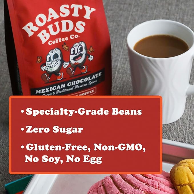 Roasty Buds Mexican Chocolate Coffee Grounds | Café Mexicano 100% Arabica Coffee, Natural Cinnamon Flavors (12 oz) | Gluten-Free, Non-GMO, No Sugar | Medium Roast (12 Ounce, Mexican Chocolate Ground)
