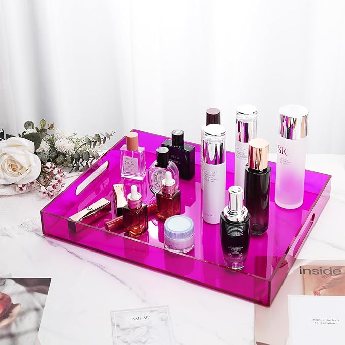 Large Acrylic Tray Ottoman Coffee Table Tray with Handles 17x13'' Decorative Serving Platter for Food Tea Dinner Snack Eating Bar Party, Purple