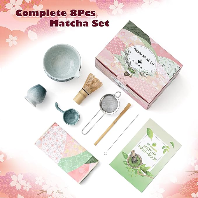 Matcha Tea Set, 8 Pcs Japanese Matcha Kit with Cherry Blossom and Wave Design Ceramic Bowl, Bamboo Whisk, Whisk Holder, Scoop, Sifter, Brush, Matcha Kit Set for Matcha Lovers (Blue Gradient)