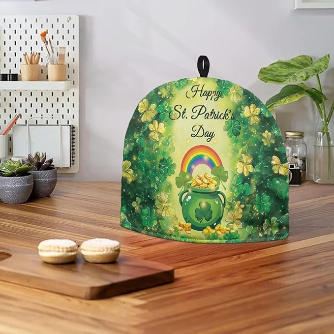 Money Jar Tea Pot Cover Green Tea Insulated Cosy Keep Warm Tea KettleCcover Lucky Leaf Teapot Dust Protector for St. Patrick's Day