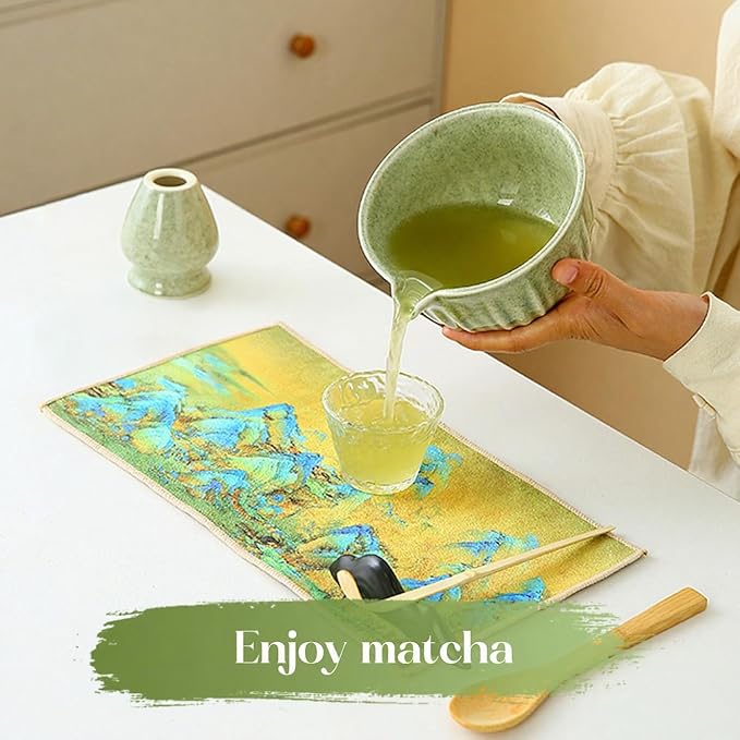 Matcha Whisk Set, 8 Pcs Matcha Kit Includes Matcha Bowl with Spout, Bamboo Whisk, Ceramic Holder, Bamboo Scoop x2, Scoop Rest, Stainless Sifter and Tea Towel, Gift for Matcha Lover