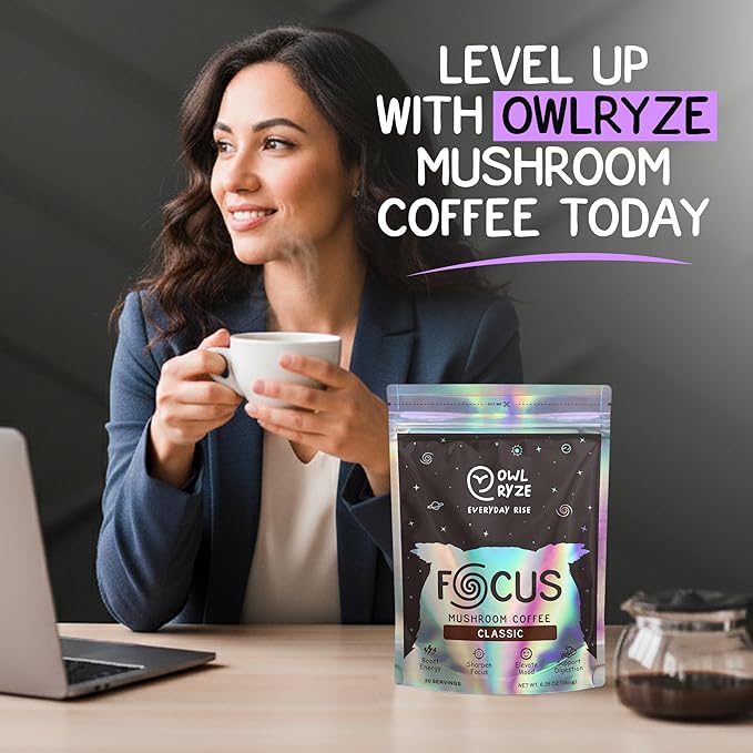 OwlRyze Mushroom Coffee Focus Classic with 6 Adaptogenic Mushrooms, MCT Oil, Premium Instant Coffee for Better Energy, Focus, Digestion, Immunity with Lions Mane & Turkey Tail, 30 servings